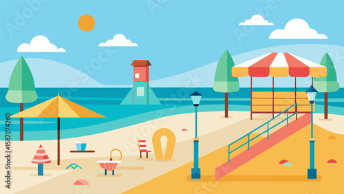 The development of a public beach area complete with sparkling sand beach volleyball courts and a boardwalk ice cream stand.. Vector illustration