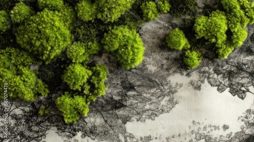 Small clumps of vibrant green moss gradually colonize a printed surface featuring a stylized tree design, creating a striking juxtaposition of organic growth and artificial representation