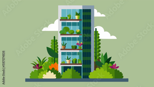 The urban highrise garden features a unique vertical design with a variety of plants and flowers adorning the sides of the building and creating a stunning living wall.