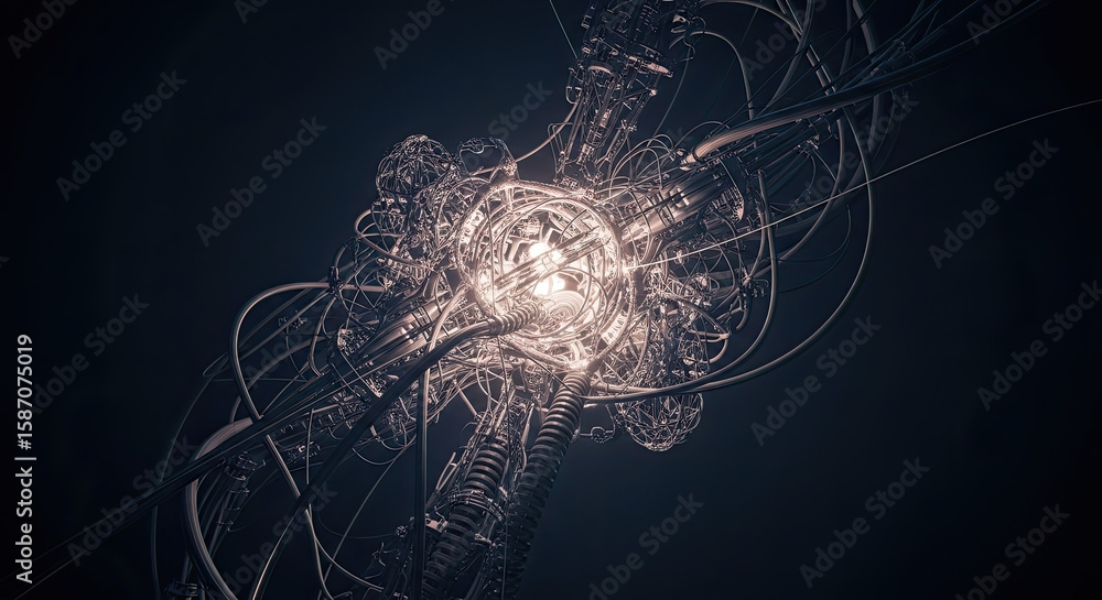 Naklejka premium Complex machinery with glowing center and tangled wires against a dark background creates a futuristic look