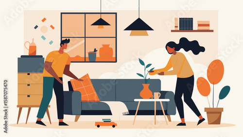 Designers thoughtfully arranging unique and statement pieces in a newly completed modern living room.. Vector illustration