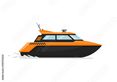 Orangetopped dark hull water taxi moving leaving white wakes
