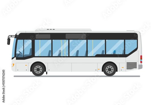 Side view of a white bus with large windows and black trim isolated on a white background