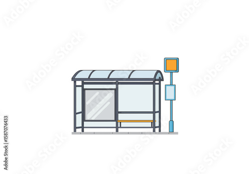 A bus stop structure with a blue sign and a gray glassedin shelter