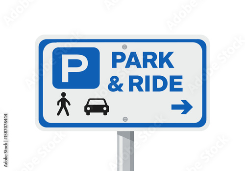 A blue and white Park  Ride sign on a gray metal post featuring icons of a person a car and a rightpointing arrow