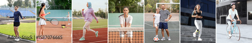 Collage of sporty people training outdoors