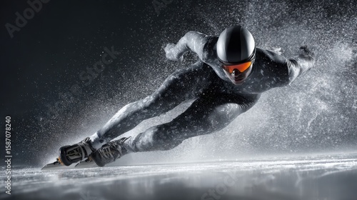 A speed skater in a sleek suit and helmet glides powerfully on ice, creating a dynamic spray of ice particles in a high-intensity moment.