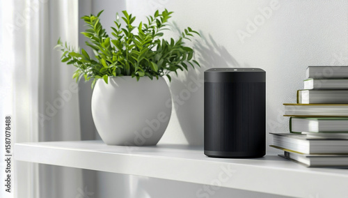 A modern black smart speaker is placed on a minimalist white table next to a vibrant green indoor plant, showcasing smart home technology,