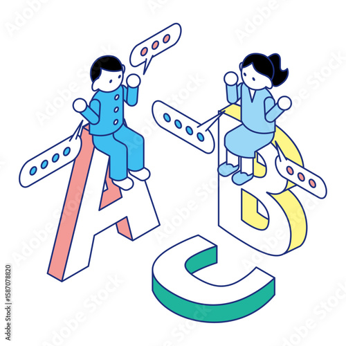 アルファベットで学ぶ｜ABCと子どもの英語教育のアイソメイラスト