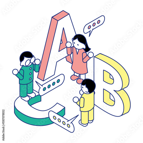 アルファベットで学ぶ｜ABCと子どもの英語教育のアイソメイラスト