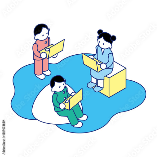 子どもの対話型学習｜協働で学ぶ教室のアイソメイラスト