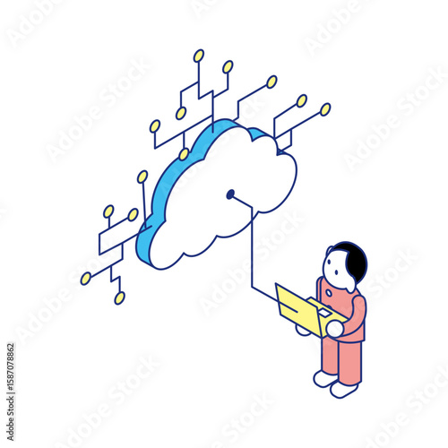 クラウドに接続する子どものアイソメイラスト｜情報教育・IT学習素材