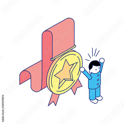 金メダルの前で喜ぶ子どものアイソメトリックイラスト