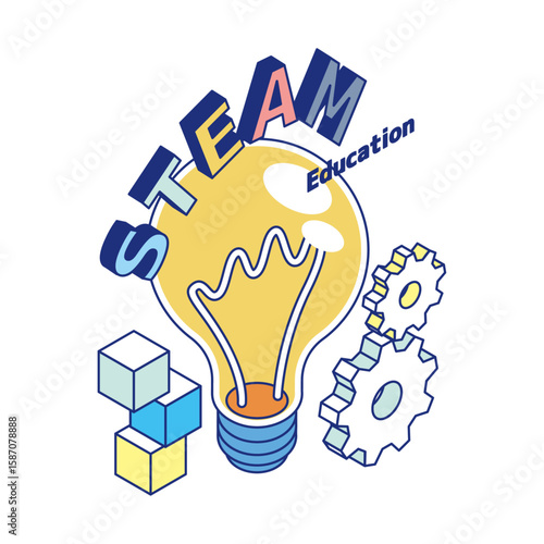 STEAMの文字と電球・歯車・ブロックで構成された教育コンセプトのアイソメイラスト