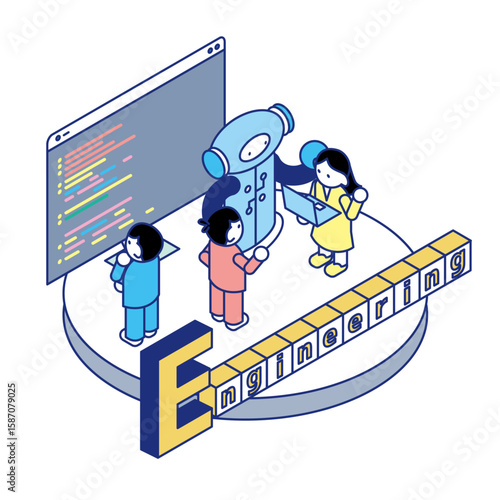STEAM教育のチームで工学的アプローチに取り組む子どもたちのアイソメトリックイラスト