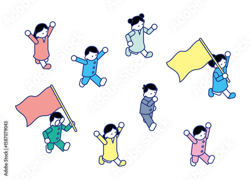 元気いっぱいに走り回る子どもたちのアイソメイラスト