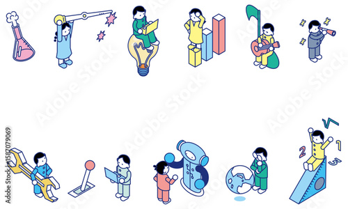 科学・技術・工学・芸術・数学に取り組む子どもたちの図解風アイソメイラスト