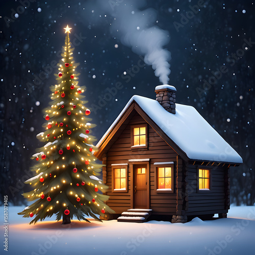 Cozy Snow-Covered Log Cabin with Christmas Tree on a Magical Winter Night, Photorealistic Holiday Landscape Scene with Warm Lights and Atmospheric Snowfall