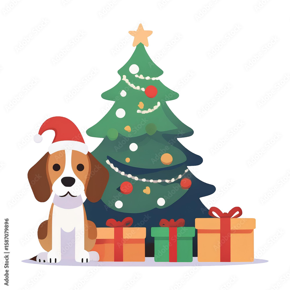 Fototapeta premium ビーグルとクリスマスツリーとプレゼントのフラットデザインAIイラスト6