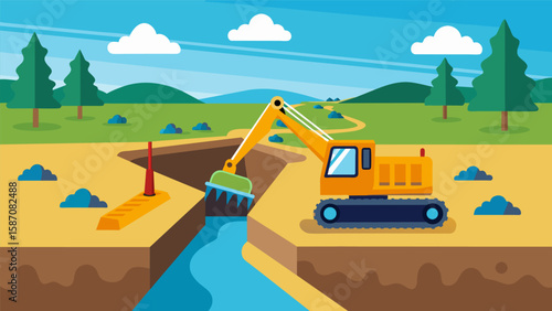 Heavy machinery digging trenches for drainage systems to manage runoff and prevent erosion on the site.. Vector illustration