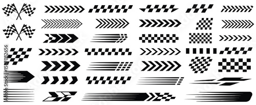 Race car stripes and racing cars vector set featuring checkered flag, finish line, dynamic lines, motocross labels, motorsport themes, racing stripe speed, and competition