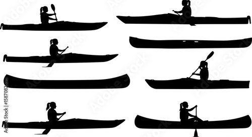 Kayak silhouettes, Canoe silhouette, Woman kayaking silhouette, Kayaking silhouette, Kayak SVG, Kayak vector set