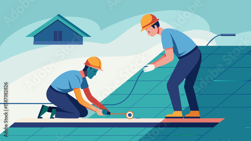 One worker laying out a chalk line to ensure straight and accurate placement of the shingles while their colleague assists.. Vector illustration