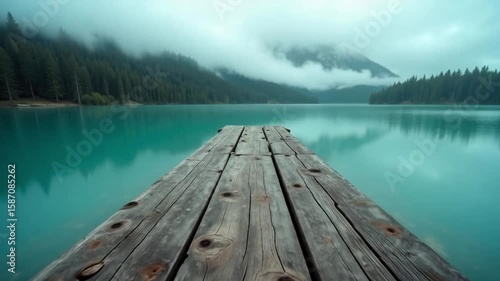Serene emerald lake view with a wooden dock extending into the water, surrounded by a forest and mountains shrouded in mist and low clouds.