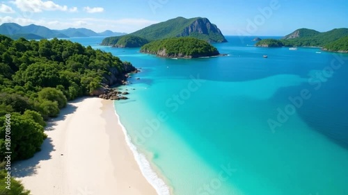 Aerial view showcases a pristine white sand beach meeting turquoise waters, with lush green islands dotting the horizon, evoking a sense of tropical paradise.