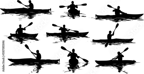 Kayaking silhouette paddling on water in black vector illustration

