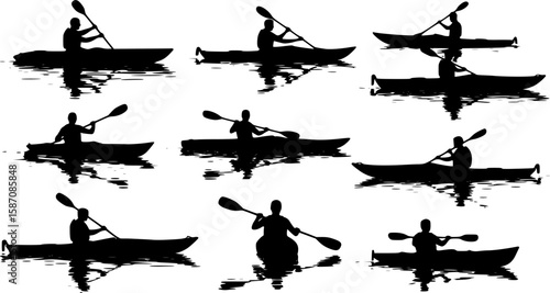 Kayaking silhouette paddling on water in black vector illustration

