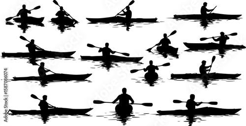 Kayaking silhouette paddling on water in black vector illustration
