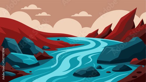 The relentless force of the river carving through the land with unyielding determination as it rushes over boulders and debris.