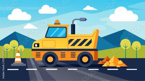 The weight of the asphalt paving machine is evenly distributed preventing the newly laid road from becoming damaged under the immense pressure.. Vector illustration