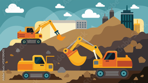 The excavators move with precision scooping up dirt and rocks and depositing them neatly in a pile nearby creating a sense of order amidst the chaos. Vector illustration
