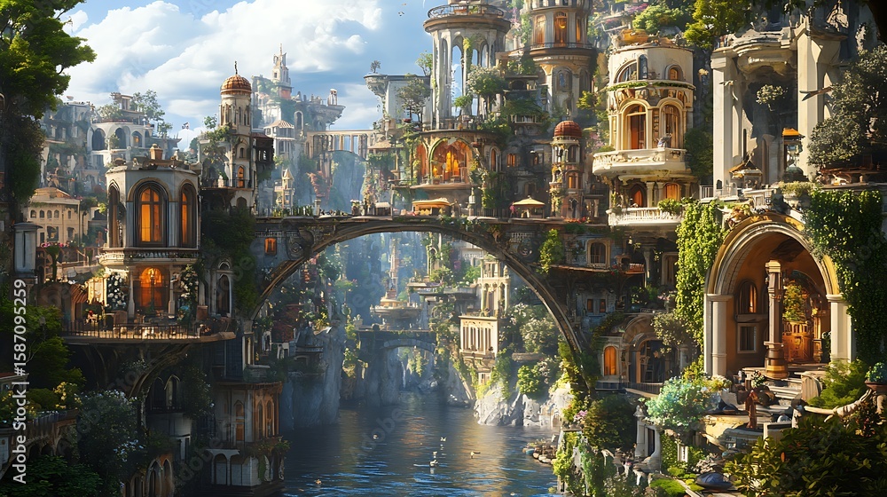 Fototapeta premium Fantastic cityscape in valley