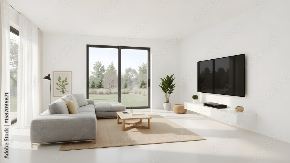 Fototapeta premium Modern minimalist living room with large windows, grey sectional sofa, and flat-screen TV.