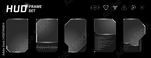 Futuristic HUD window with minimal vector shapes, square frames and cyberpunk monitor layout. Transparent interface blends tech callouts and sci fi dashboard design.