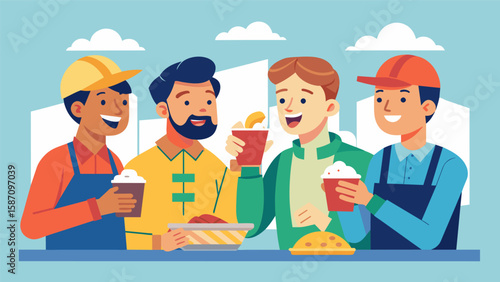 Looking at the workers laughing and sharing food during lunch break one can see that building structures isnt the only thing they are constructing. Vector illustration