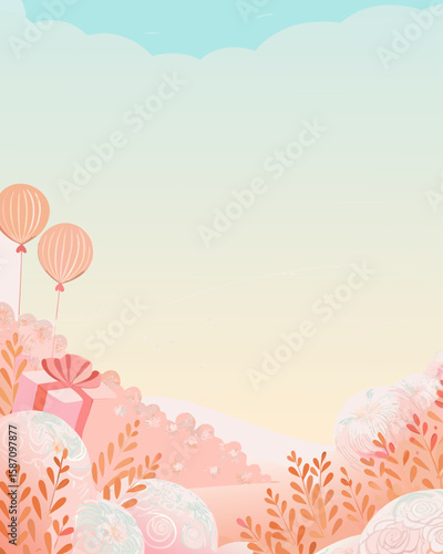 Pink balloon background with gift box for Mother's Day celebration event. Pink balloon background displays wrapped present and fanciful plants, perfect for Mother's Day and springtime designs.