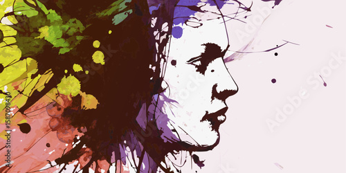 Expressive ink illustration features a woman's profile with vibrant ink splatters. Ink illustration depicts femininity and artistic expression, showing colorful splashes resembling hair,