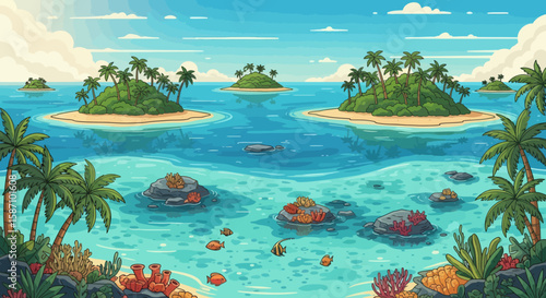 A cartoon tropical seascape with palmtreecovered islands coral reefs and colorful fish in clear turquoise water