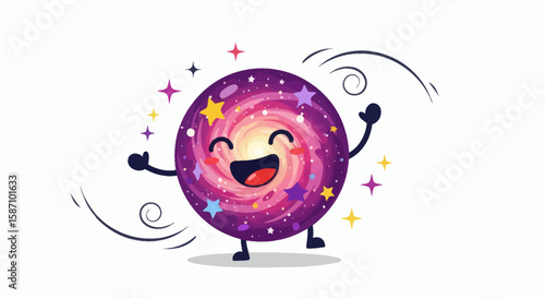A cheerful anthropomorphic spiral galaxy character with a smiling face arms and legs surrounded by colorful stars