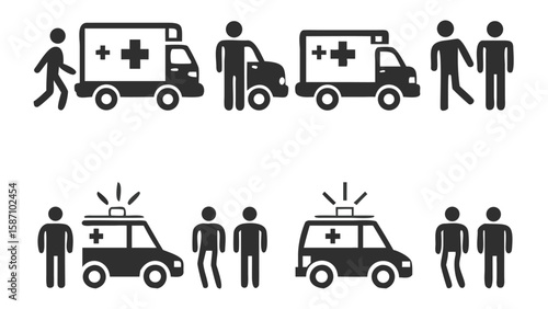 Pictorial Representation of Medical Emergency Services Featuring Ambulances and People Conveying a Sense of Urgency and Assistance in Healthcare Scenarios