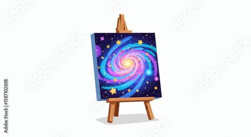 A colorful painting of a spiral galaxy displayed on a wooden artists easel against a white background