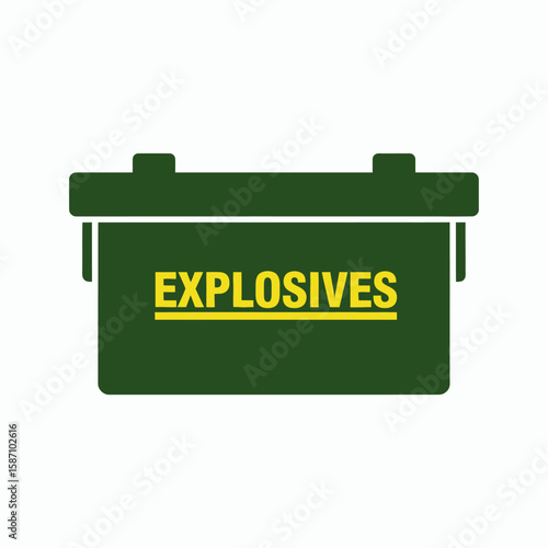 A dark green ammunition box with EXPLOSIVES written in yellow on the side