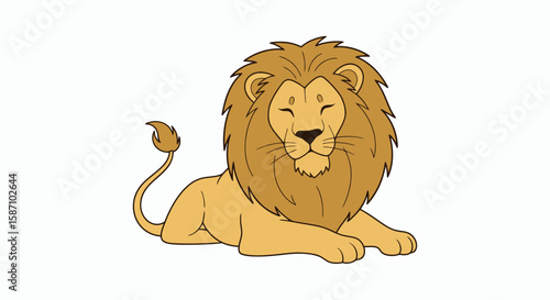 A friendly cartoon lion with a large mane lying down peacefully on a white background