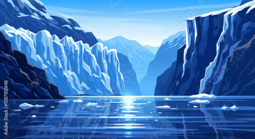 A glacial fjord with towering ice cliffs mountains in the distance and sunlight reflecting on the water