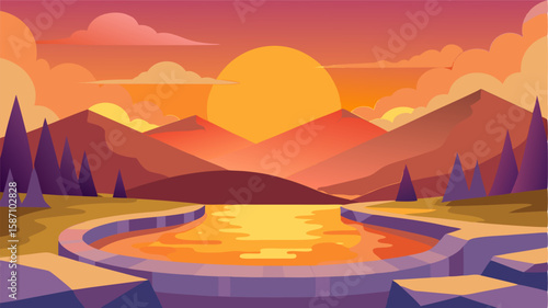 The setting sun casting a warm glow over the tranquil mountain hot springs creating a peaceful and soothing atmosphere.