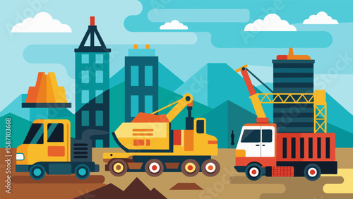 From towering excavators to sy dump trucks this lineup showcases the diverse capabilities of heavy machinery.. Vector illustration